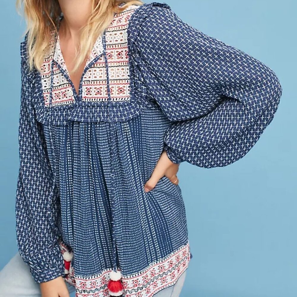 Anthropologie Blue and White Patterned Blouse